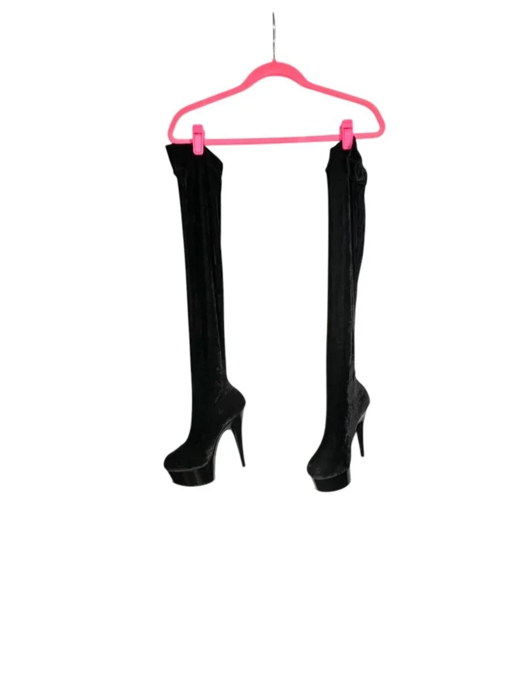 Pleaser Delight-3002 Black Velvet Thigh High Platform Boots Size 7 damaged tip